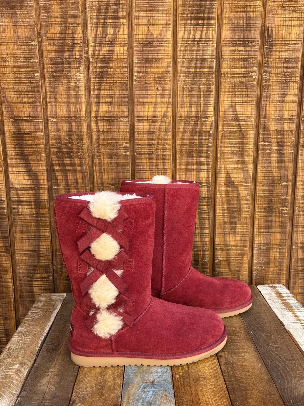 Koolaburra By UGG Victoria Red Wine Color Tall Boots With Pom-Pom Bows